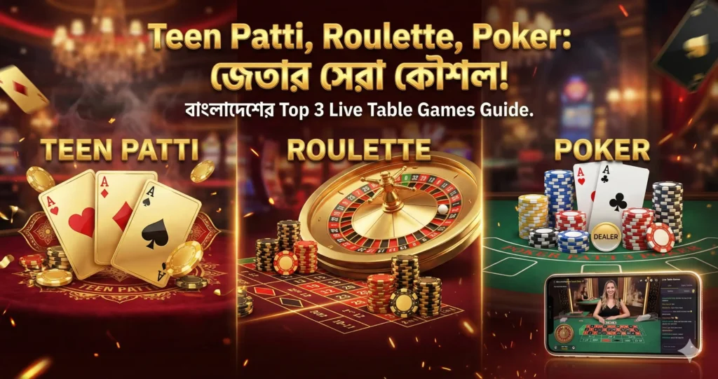 Teen Patti, Roulette এবং Poker খেলার কৌশল দেখাচ্ছে এমন একটি অনলাইন ক্যাসিনো টেবিল গেমের কোলাজ।